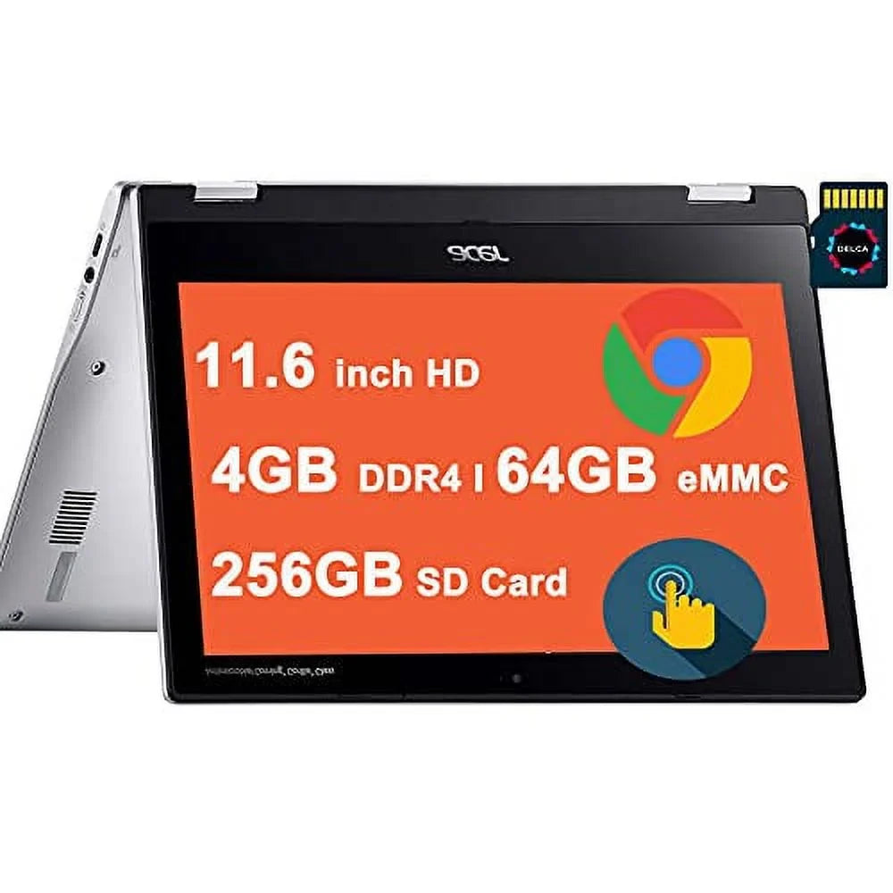 Spin 311 Chromebook 11 Premium 2-in-1 Portable computer 11.6 Inch HD IPS Display MediaTek Octa-Core MT8183C Processor 4GB DDR4 64GB eMMC + 256GB SD Card USB-C WiFi5 ChromeOS Silver + 32GB MicroSD Card