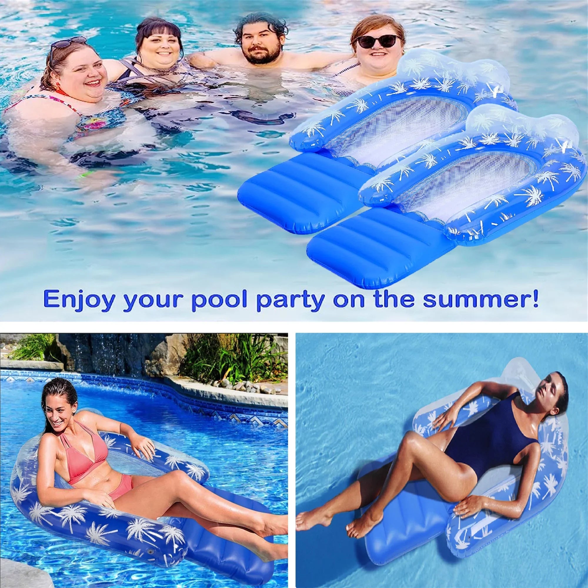 2 Pack Inflatable Pool Chair Float for Adults with Headrest Comfortable Contour Design Perfect for Relaxation, Pool Parties, and Beach Lounging