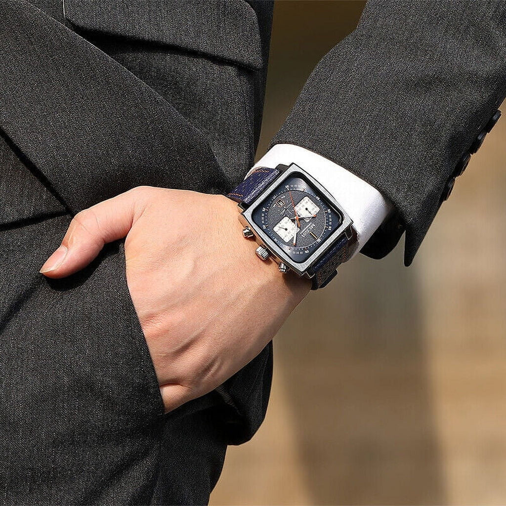 KingFurt MEGIR Liquid Blue Square Dial Quartz Watch - Luminous, Date Display - Men's Leather Watch