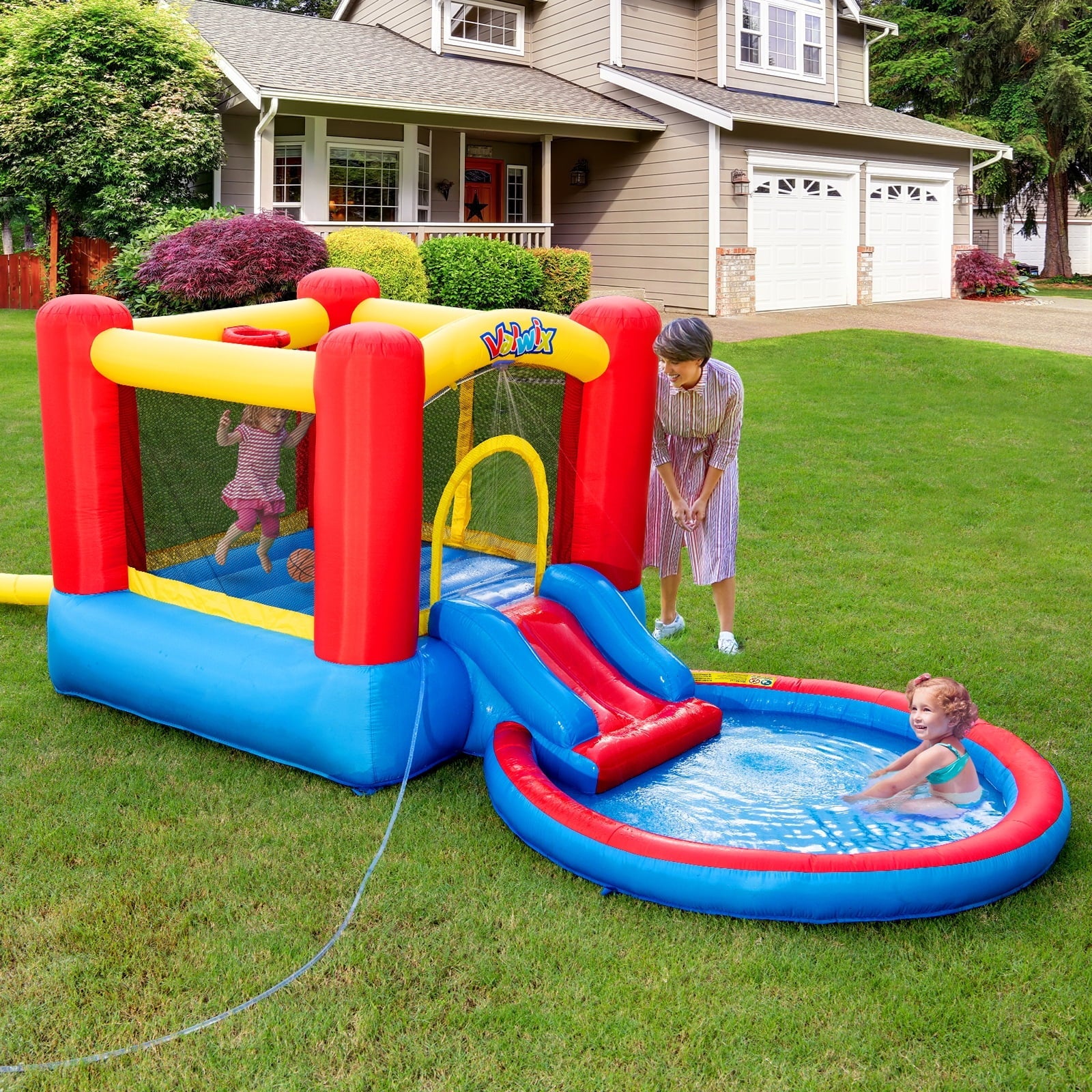 Valwix Inflatable Bounce House with Blower for Kids 3-5 years , Bouncy Castle Liquid & Pool for Wet Dry Combo, Bouncer with Repair Kits, Fun Bounce Area with Basketball Hoop