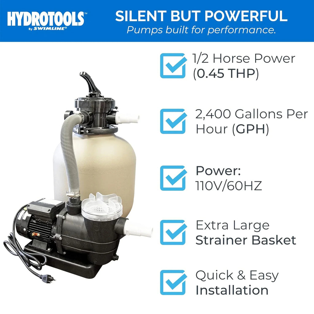 HYDROTOOLS By SWIMLINE 714061 Hydro-Flo 0.35 (0.45 THP) 2400 GPH ABOVE GROUND Powerful Pool Pump 1 Speed Extra Large Strainer Basket Vertical Discharge 115V Energy Saving Silent Noise DOE Certified