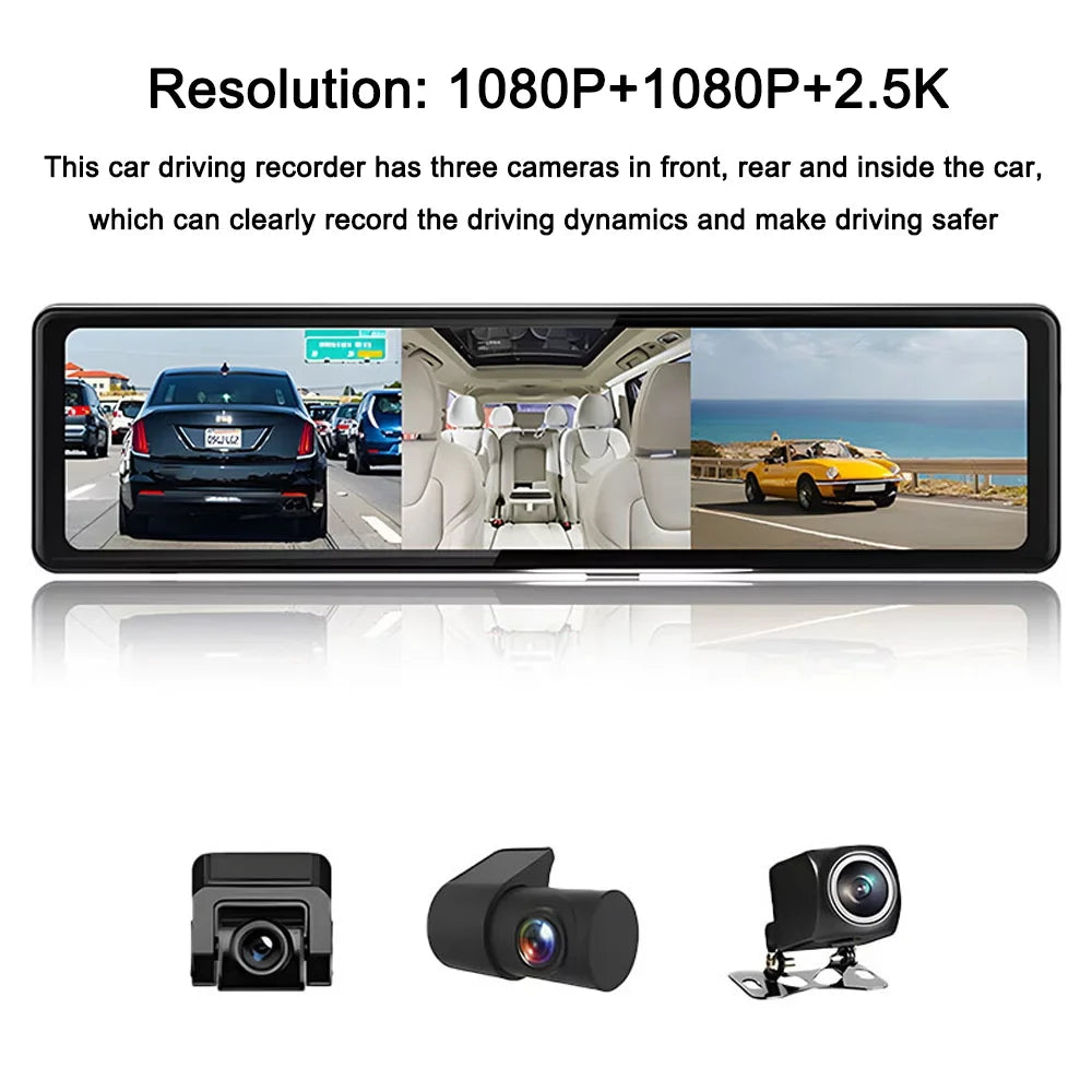OWSOO 3 Cameras Dash Cam 12in 2.5K Clear Car Rearview Mirror Car Video Recording Touched Display Car Recorder Carplay Auto Driving Recorder