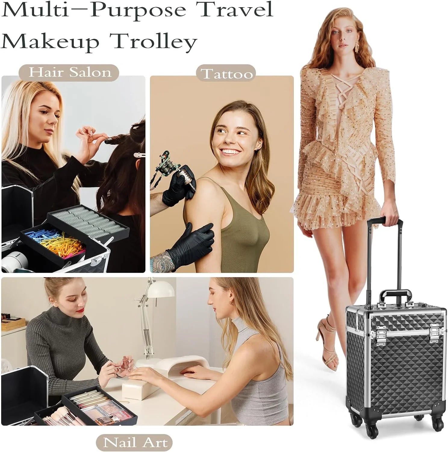 Joligrace Rolling Makeup Case Large Makeup Box Organizer Cosmetic Trolley