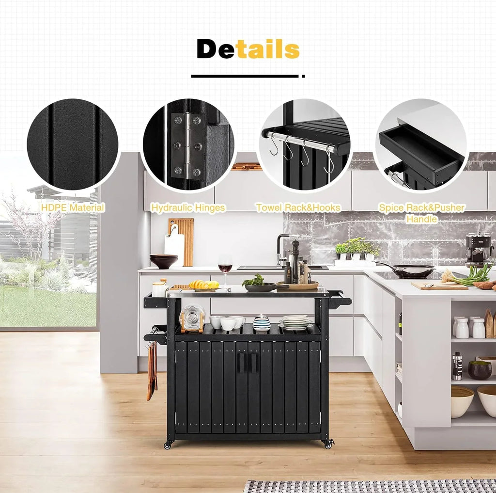 Kitchen Cart, HDPE Kitchen Island With Stainless Steel Top And Storage Cabinet, Rolling Island Table With Hooks, Spice Rack, Towel Rack, Black