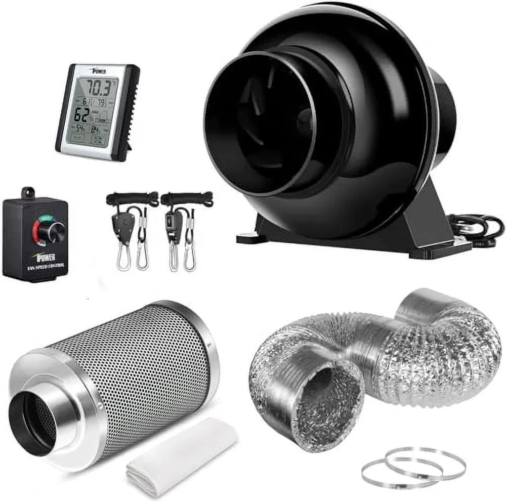 iPower 4 Inch 195 CFM Inline Fan Circulation Vent Blower, Air Carbon Filter, 8 Feet Ducting, Speed Controller, 1-Pair Rope Combo for Grow Tent Ventilation and Temperature Humidity Monitor, Low noise