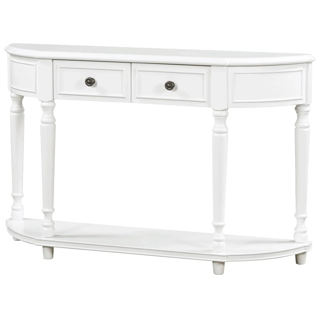 TREXM Retro Circular Curved Design Console Table with Open Style Shelf Solid Wooden Frame and Legs Two Top Drawers (White OLD SKU WF298768AAK)