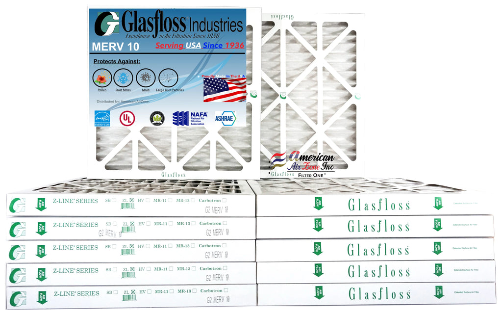 Glasfloss Air Filter 14x14x2 - 2" MERV 10 - (Pack of 12) - Pleated AC or HVAC Air Filter - Furnace Air Filter - Home or Office - Made In The USA.