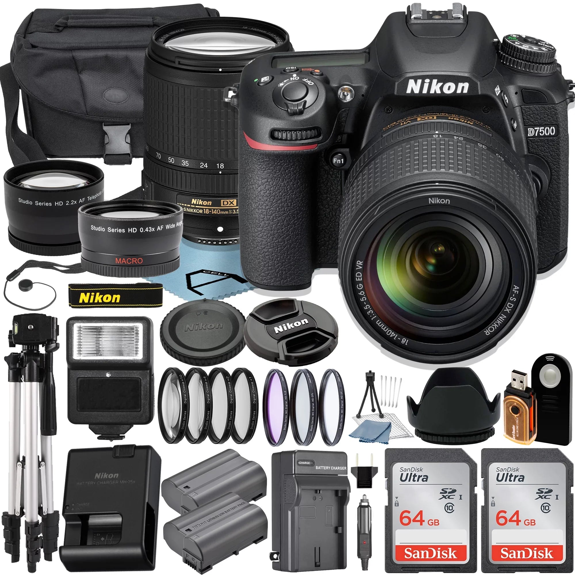 D7500 DSLR Camera with 18-140mm Lens + 2pcs SanDisk 64GB Memory Card + Case + Tripod + UV Filter + A-Cell Accessory Bundle