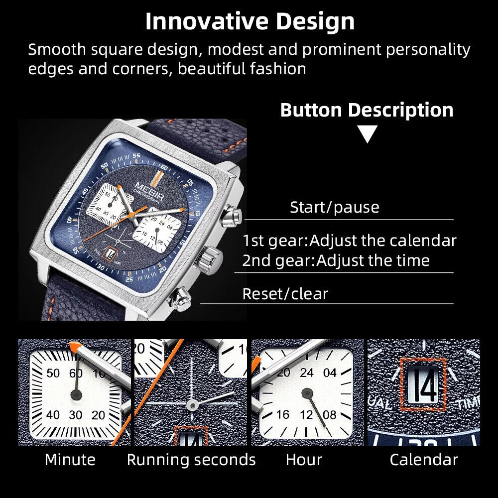 KingFurt MEGIR Liquid Blue Square Dial Quartz Watch - Luminous, Date Display - Men's Leather Watch
