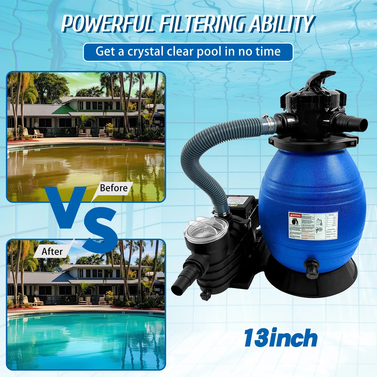 JSTUOKE 13" Pool Sand Filter, 6 Way Valve High-Flo Sand Filter Pump System w/ 3/4HP Pool Pump, Filter up to 10,000GAL Above Ground Swimming Pool