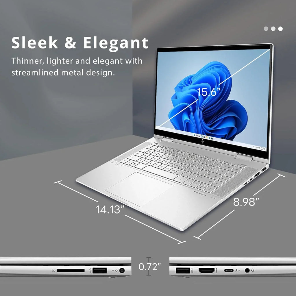 Envy x360 2-in-1 15.6" FHD Display Notebook Core i7-1260p, 64GB RAM, 2TB SSD, Backlit KB, HD Webcam, Iris Xe Graphics, Wi-Fi, Bluetooth, Win 11 Pro, Silver, 32GB USB Card
