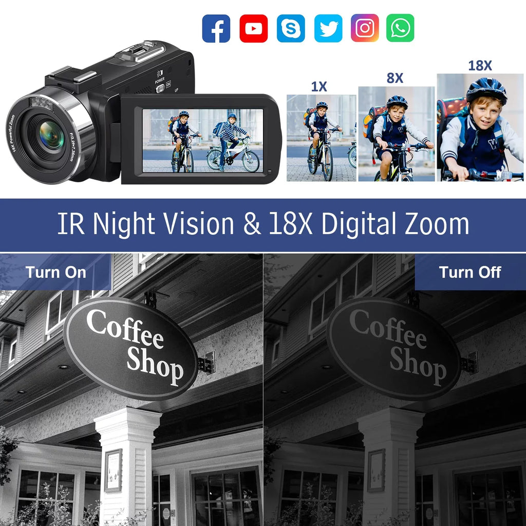 MARVUE Video Camera 4K Camera 48MP 30FPS Camcorder 18X Digital Zoom 3.0" LCD Touch Monitor Vlogging Camera for YouTube with IR Night Vision