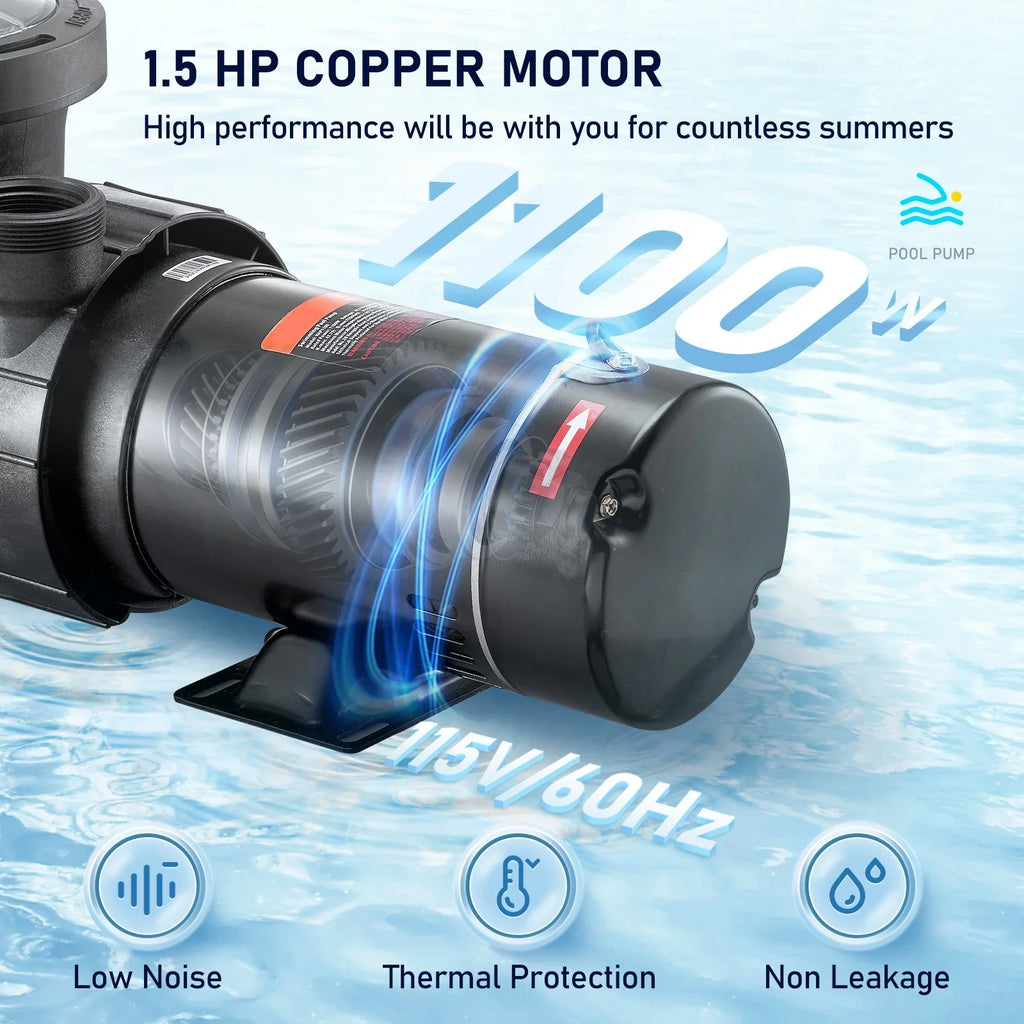 SKYSHALO Swimming Pool Pump, 1.5 115 V, 1100 W Single Speed Pump for In/ Above Ground Pool w/ Strainer Basket, 5280 GPH Max. Flow, Certification of ETL for Security