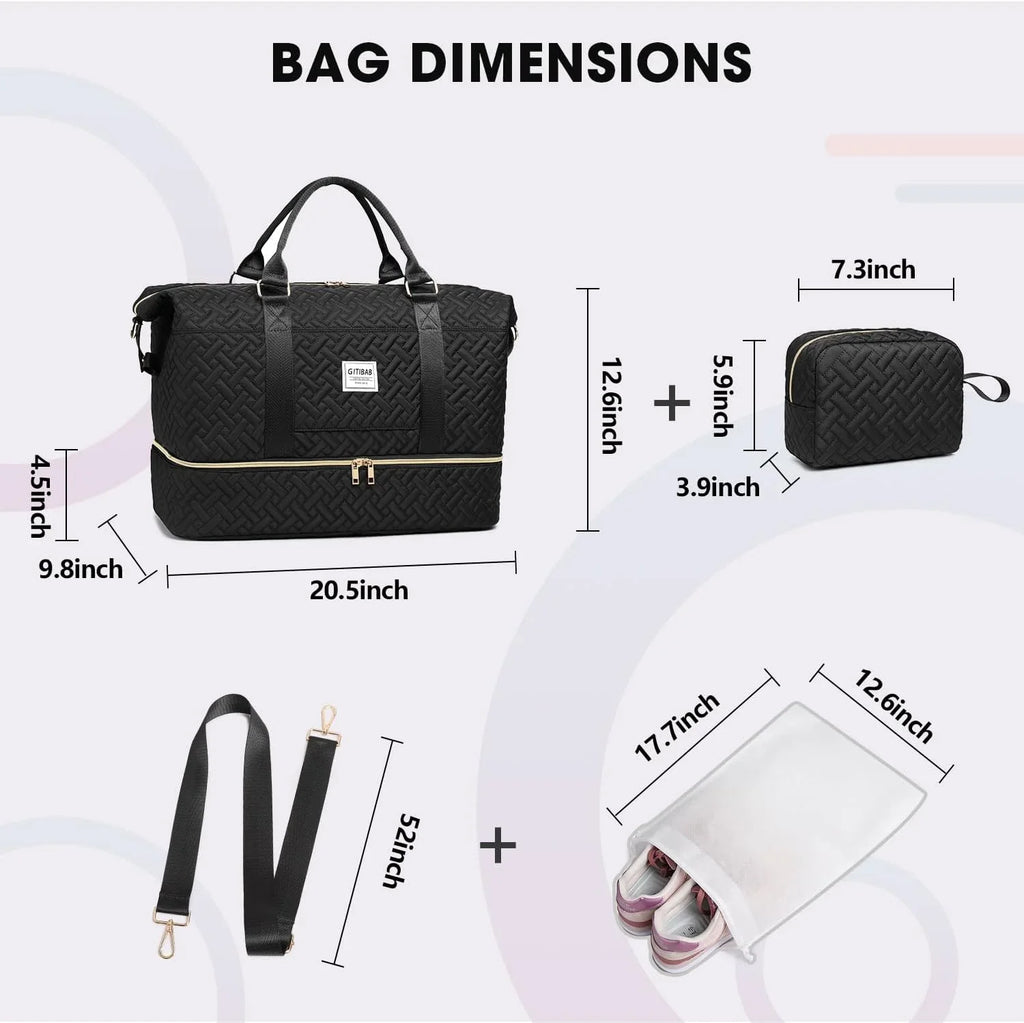 Duffle Bags for women,50L Quilted Travel Weekender Bag with Shoe Compartment, Large Carry On Overnight Tote Gym Bag with Toiletry Bag,Hospital Bags for Labor and Delivery,Black
