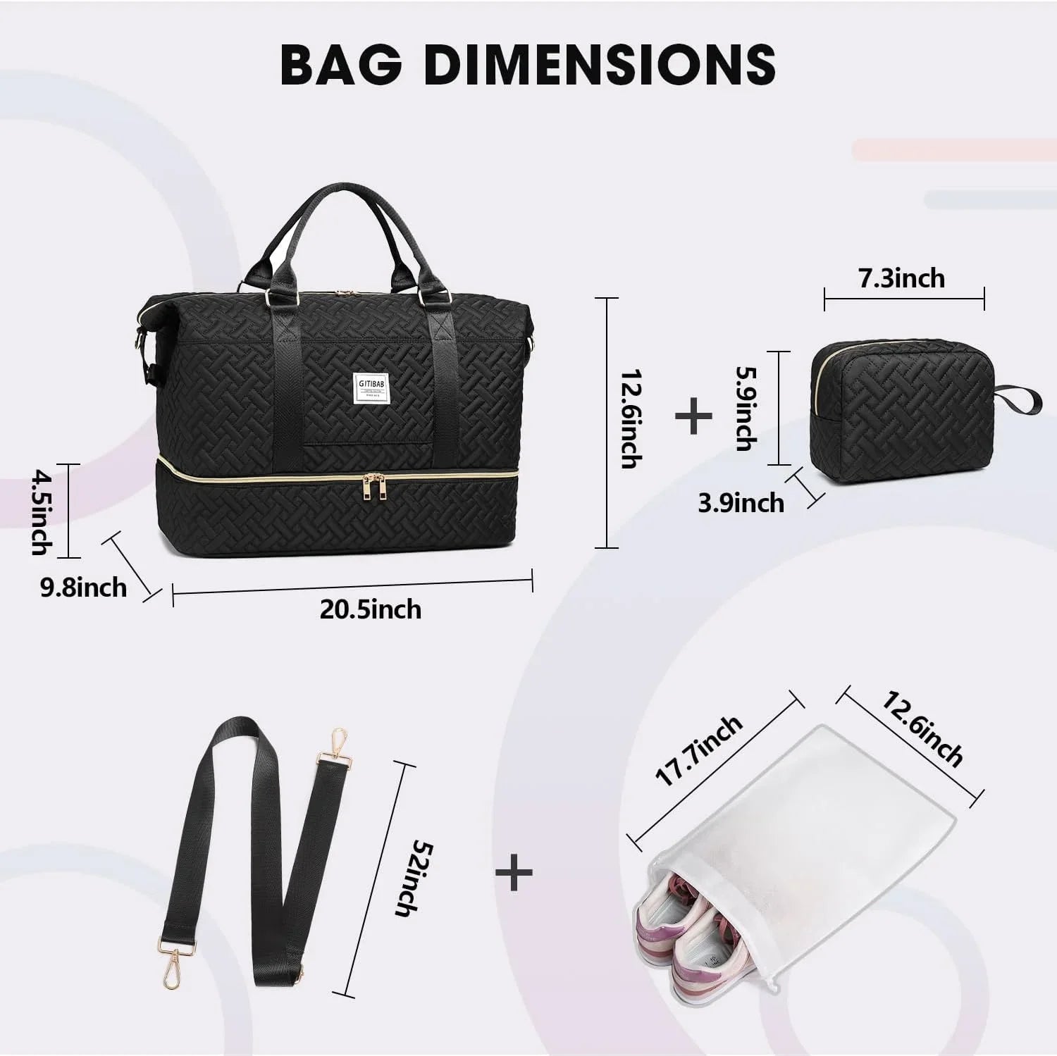 Duffle Bags for women,50L Quilted Travel Weekender Bag with Shoe Compartment, Large Carry On Overnight Tote Gym Bag with Toiletry Bag,Hospital Bags for Labor and Delivery,Black
