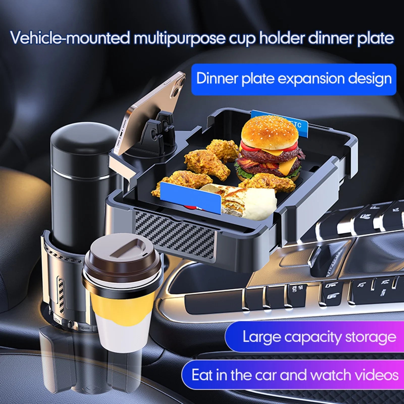 Anself Multifunctional Car Drink Phone Holders Snack Tray Expander, Adjustable Car Cup Holder with Dual Holder, Convenient for Traveling and Ridesharing