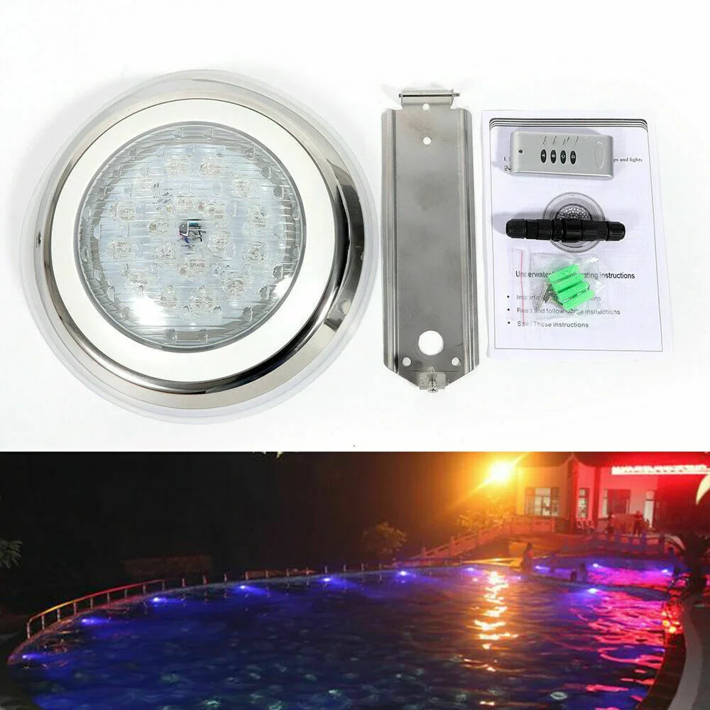 12V 54W RGB Liquid Swimming Pool Light 7 Color-Change LED Lights w/Remote IP68 Fluid Stainless Steel