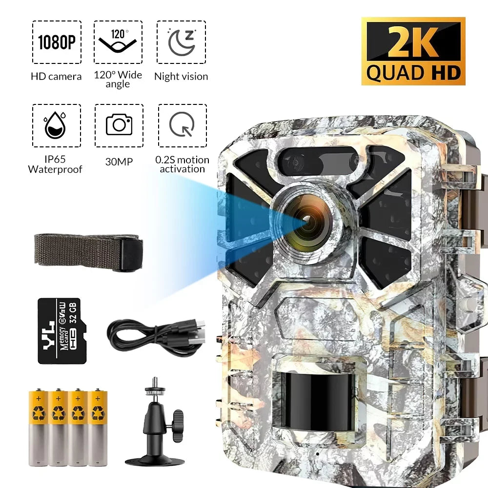 Trail Camera, 30MP 2k Game Camera with Infrared Night Vision Wildlife Surveillance, Farm Monitoring, Liquid Hunting Trail Monitor with 120° Wide Angle Lens