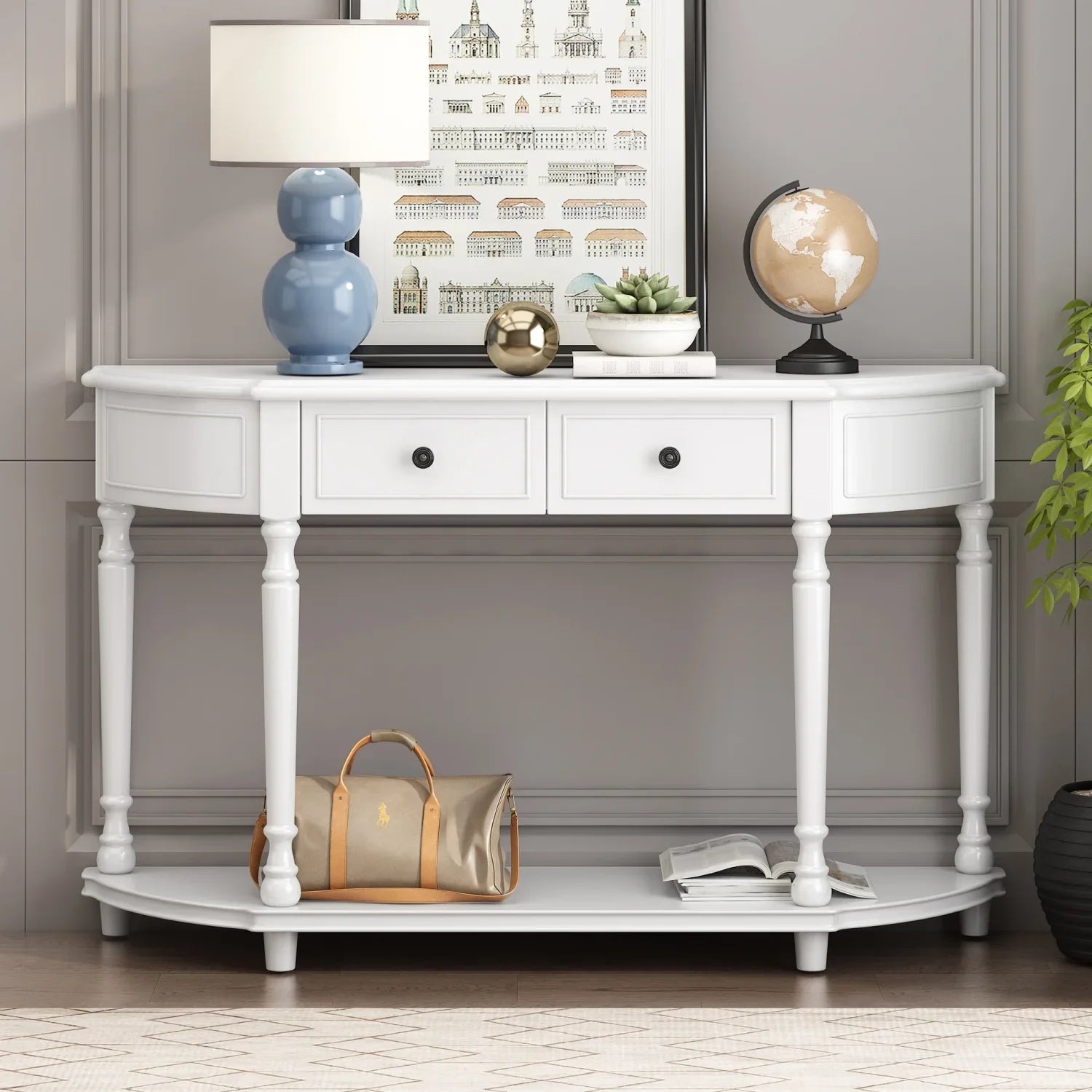 TREXM Retro Circular Curved Design Console Table with Open Style Shelf Solid Wooden Frame and Legs Two Top Drawers (White OLD SKU WF298768AAK)