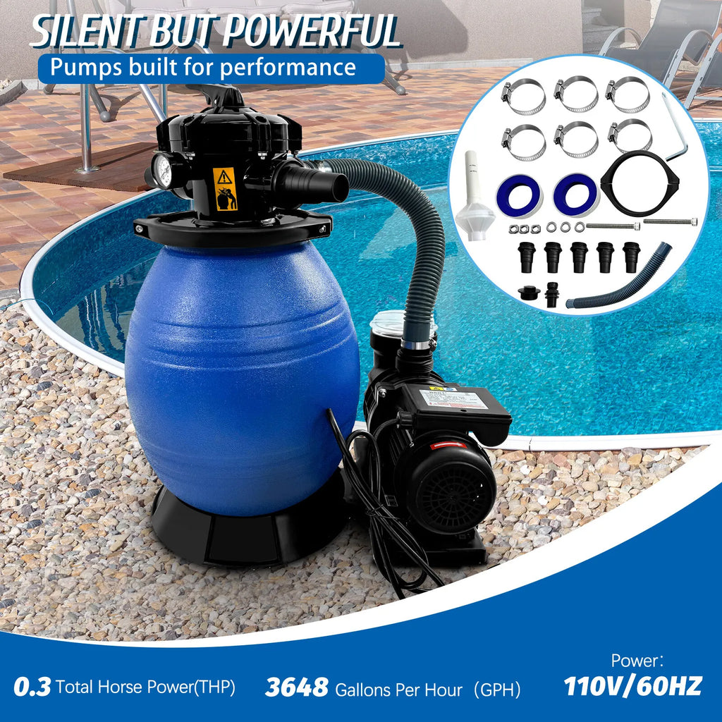 JSTUOKE 13" Pool Sand Filter, 6 Way Valve High-Flo Sand Filter Pump System w/ 3/4HP Pool Pump, Filter up to 10,000GAL Above Ground Swimming Pool