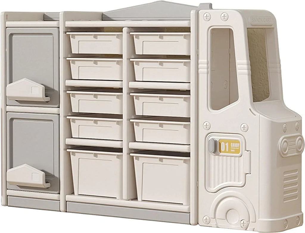 RUNFAYBIU Toy Organizer Multi-Functional Bookshelf and Toy Box Closed Cabinet and Pull-Out Drawer for Playroom Children's Bedroom and Nursery. (10 Organizer Boxes + 2 Organizer Cab