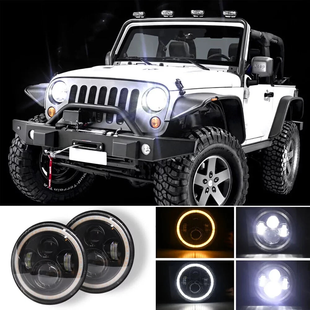7" Inch Round LED Headlights Halo Angle Eyes For Jeep Wrangler TJ CJ JK LJ