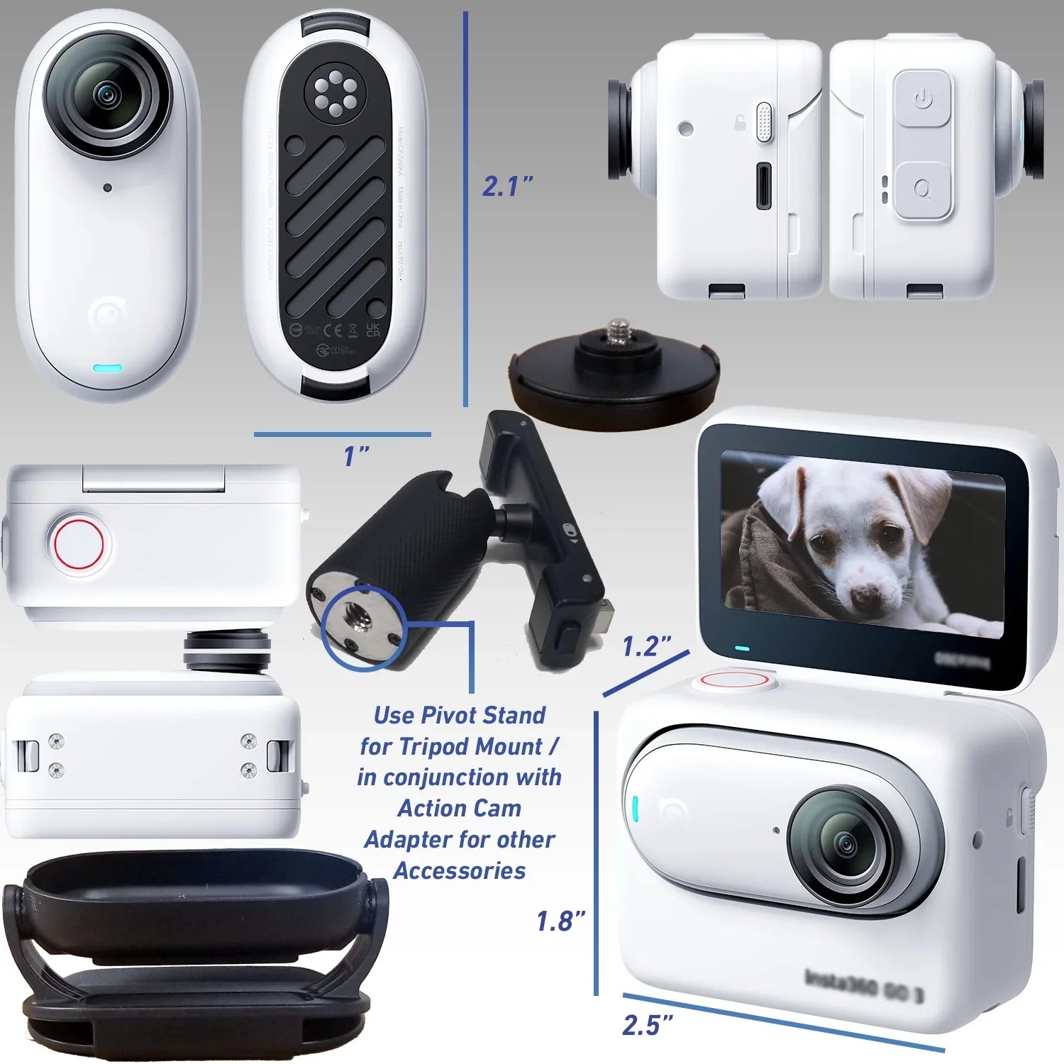Ultimaxx Advanced Insta360 GO 3 Action Camera Bundle (128GB) - Includes: 1/4” Screw Adapter for Action Cam Mounts, Mini Metal Dolly & More (25pc Bundle)
