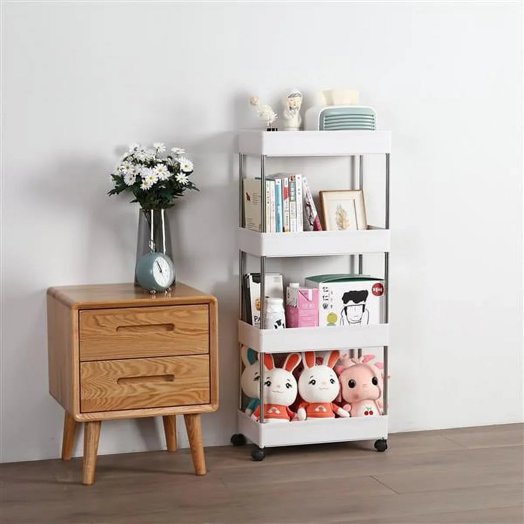 SYTHERS 4-Tier Rolling Storage Cart with 4 hooks, Utility Cart with Wheels, for Kitchen, Bathroom, Laundry Room, Plastic and Stainless Steel, White