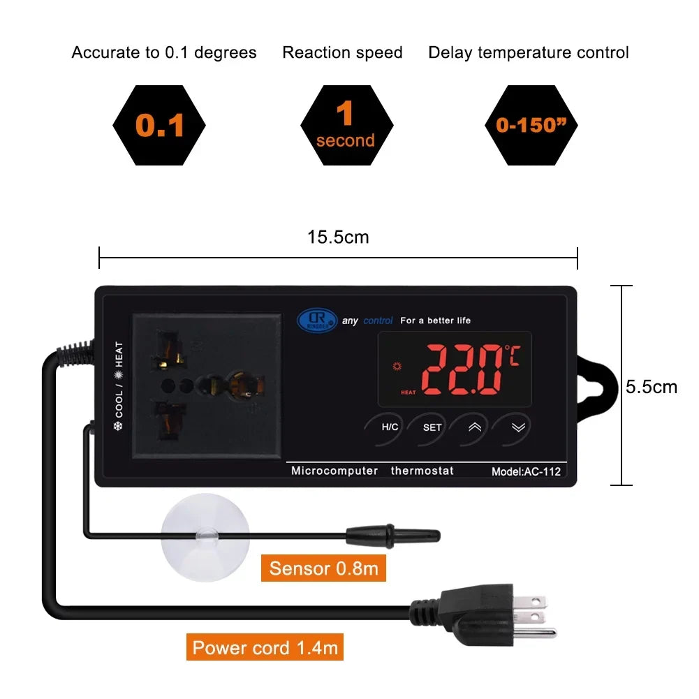 Carevas Digital Temperature Controller Thermostat Outlet Reptile Thermostat Controlled with Heating & Cooling Mode for Chest Freezer Home Brewing Green House Incubation Reptiles -40℃~110℃ Plug