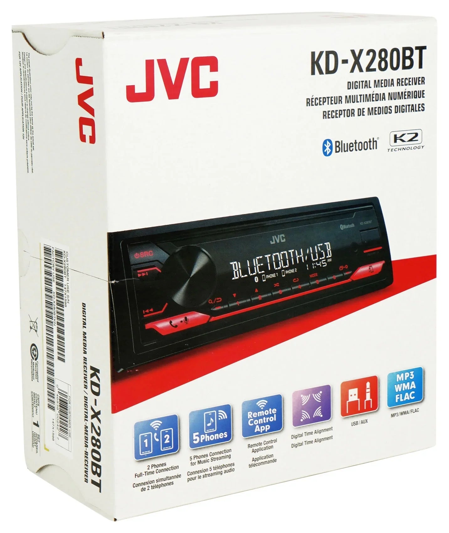 JVC KD-X280BT Car In-Dash Unit, Single-DIN Digital Media Receiver with Bluetooth, KD-X280BT