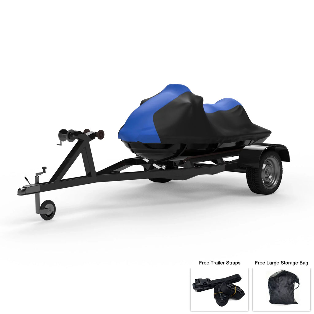Weatherproof Jet Ski Cover For KAWASAKI Jet Ski STX-12F 2003-2004 - BLUE / Black Color - All Weather - Trailerable - Protects from Rain, Sun, UV Rays, And More! Includes Trailer Straps And Storage Bag