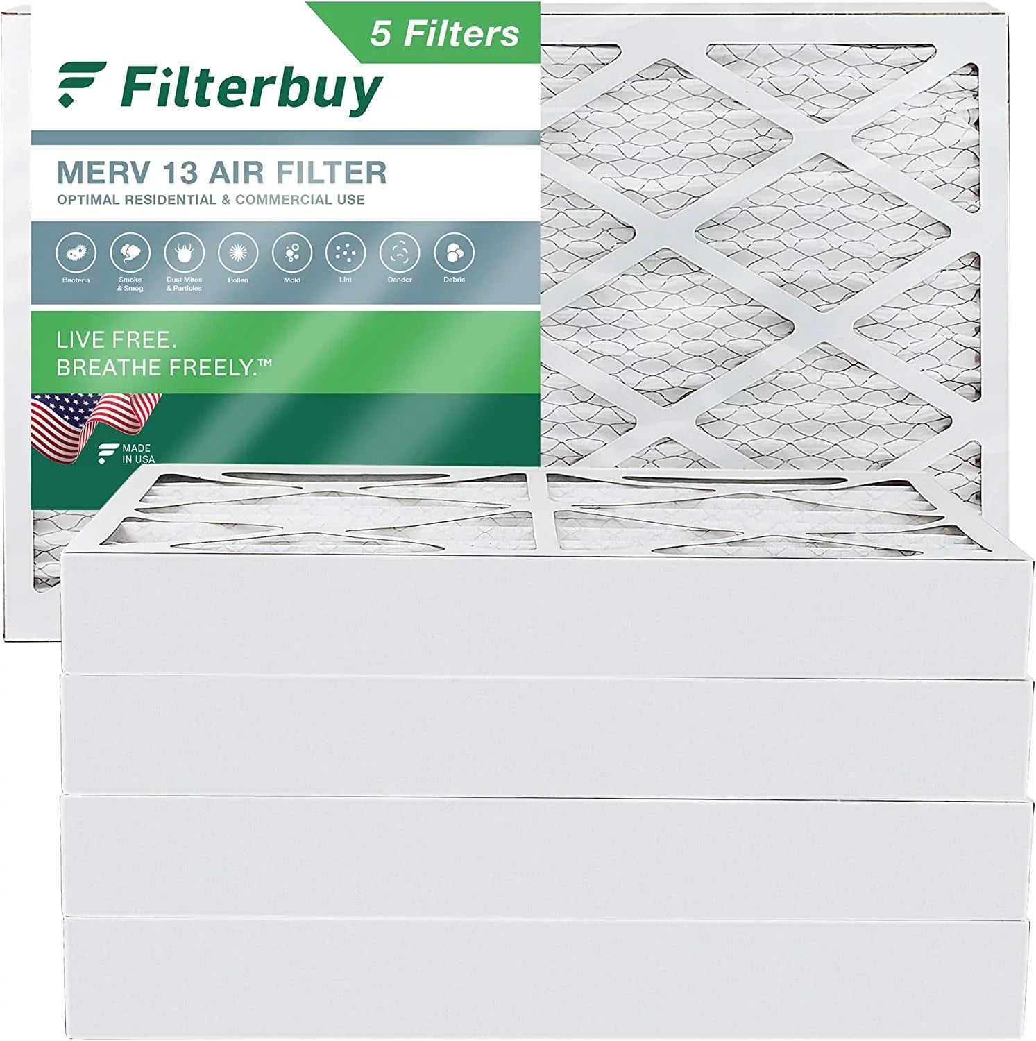 Filterbuy 8x20x4 MERV 13 Pleated HVAC AC Furnace Air Filters (5-Pack)