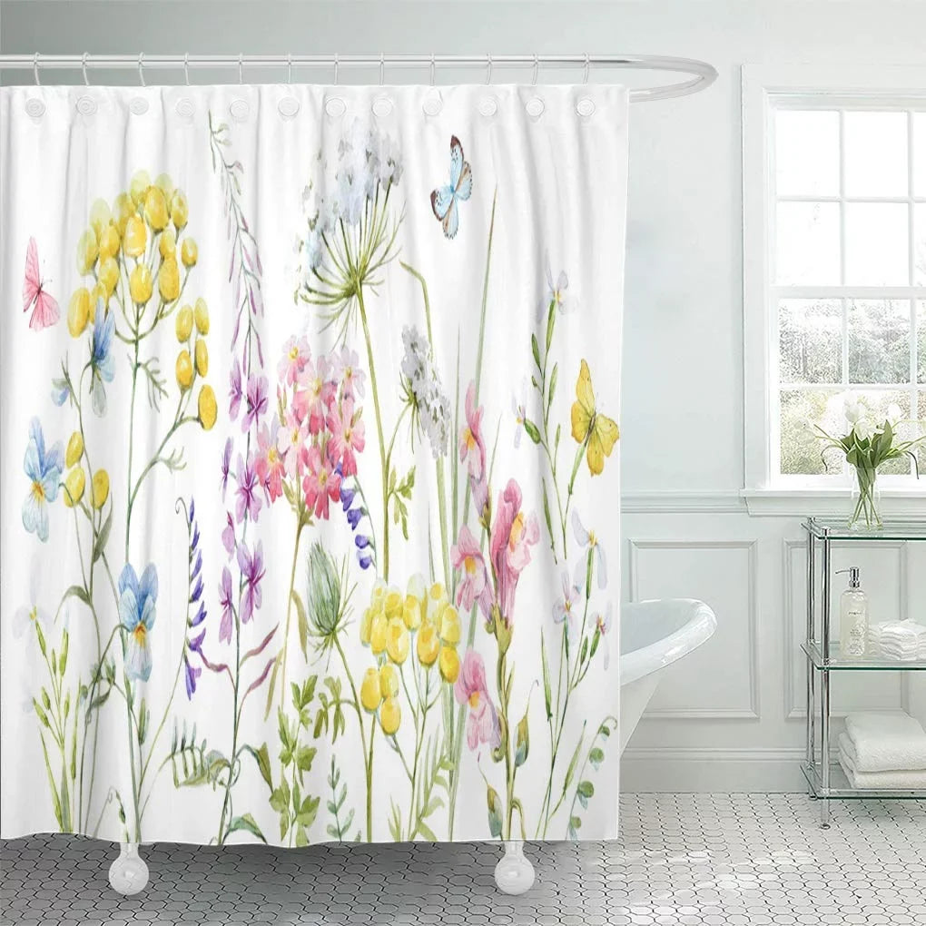 SUTTOM Liquid Wildflowers Tansy Yellow Buttercup Blue Pansies Tender Pink Shower Curtain 60x72 inch