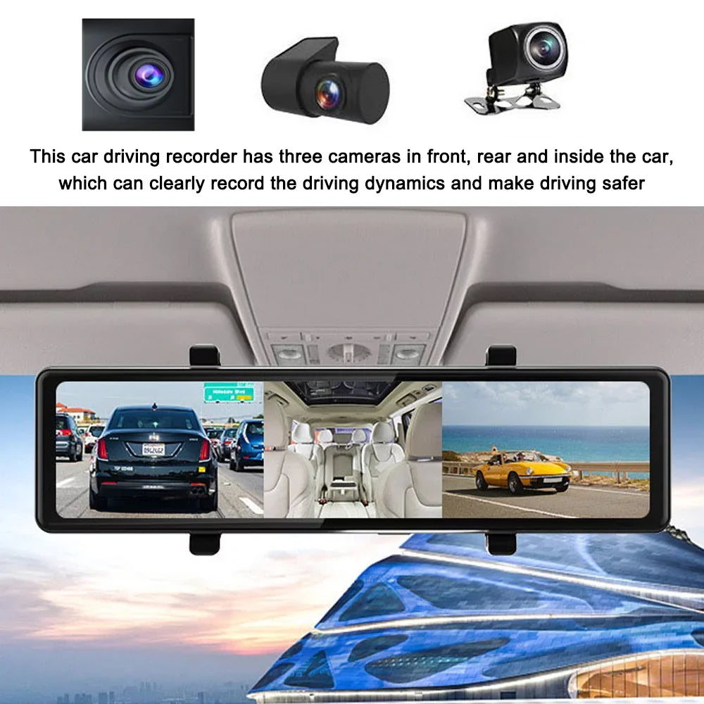 OWSOO 3 Cameras Dash Cam 12in 2.5K Clear Car Rearview Mirror Car Video Recording Touched Display Car Recorder Carplay Auto Driving Recorder
