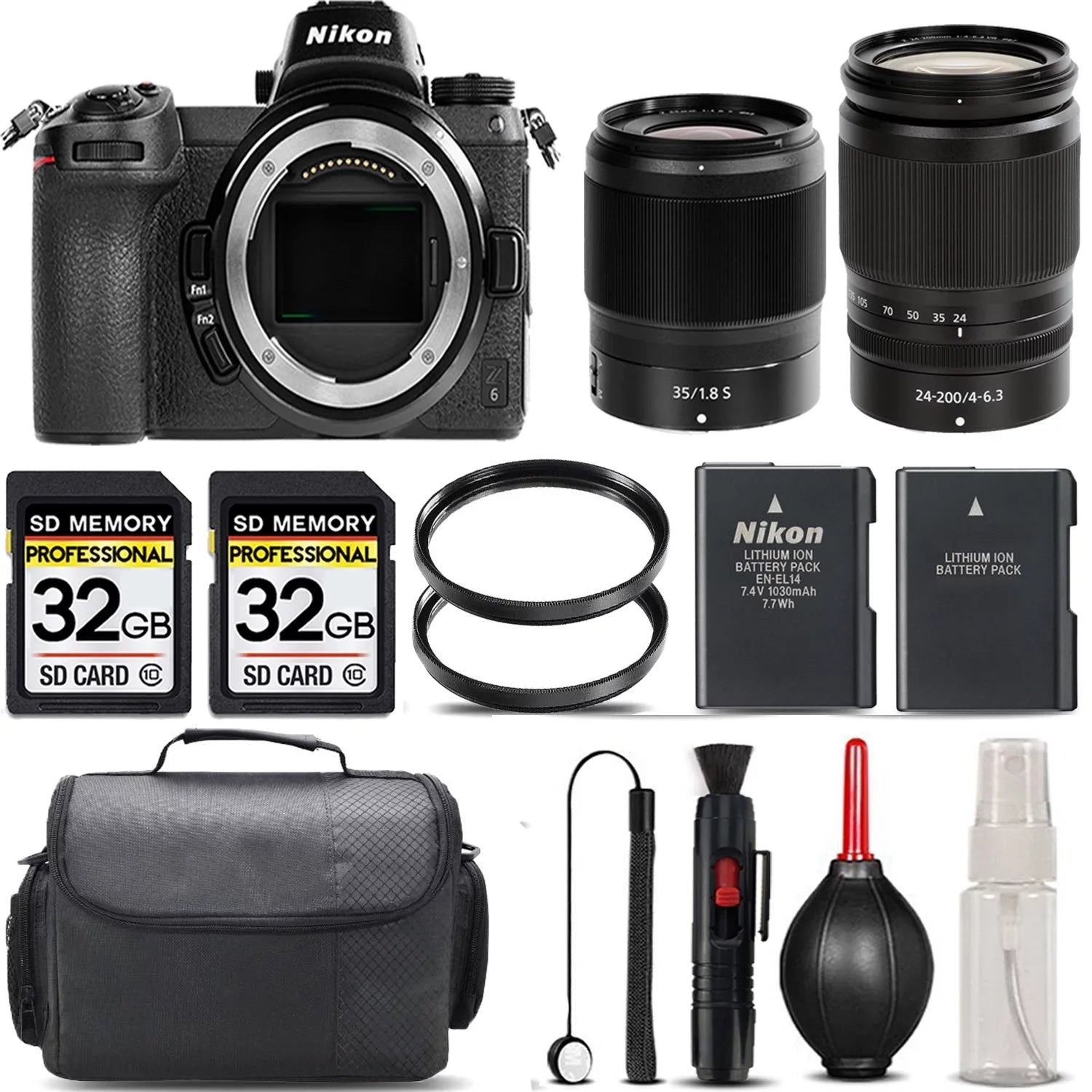Z6 Mirrorless with 24-200mm f/4-6.3 VR Lens + 35mm f/1.8 S Lens + 64GB Storage + UV Filter + Backup Battery + Case + Cleaning Kit - International Version