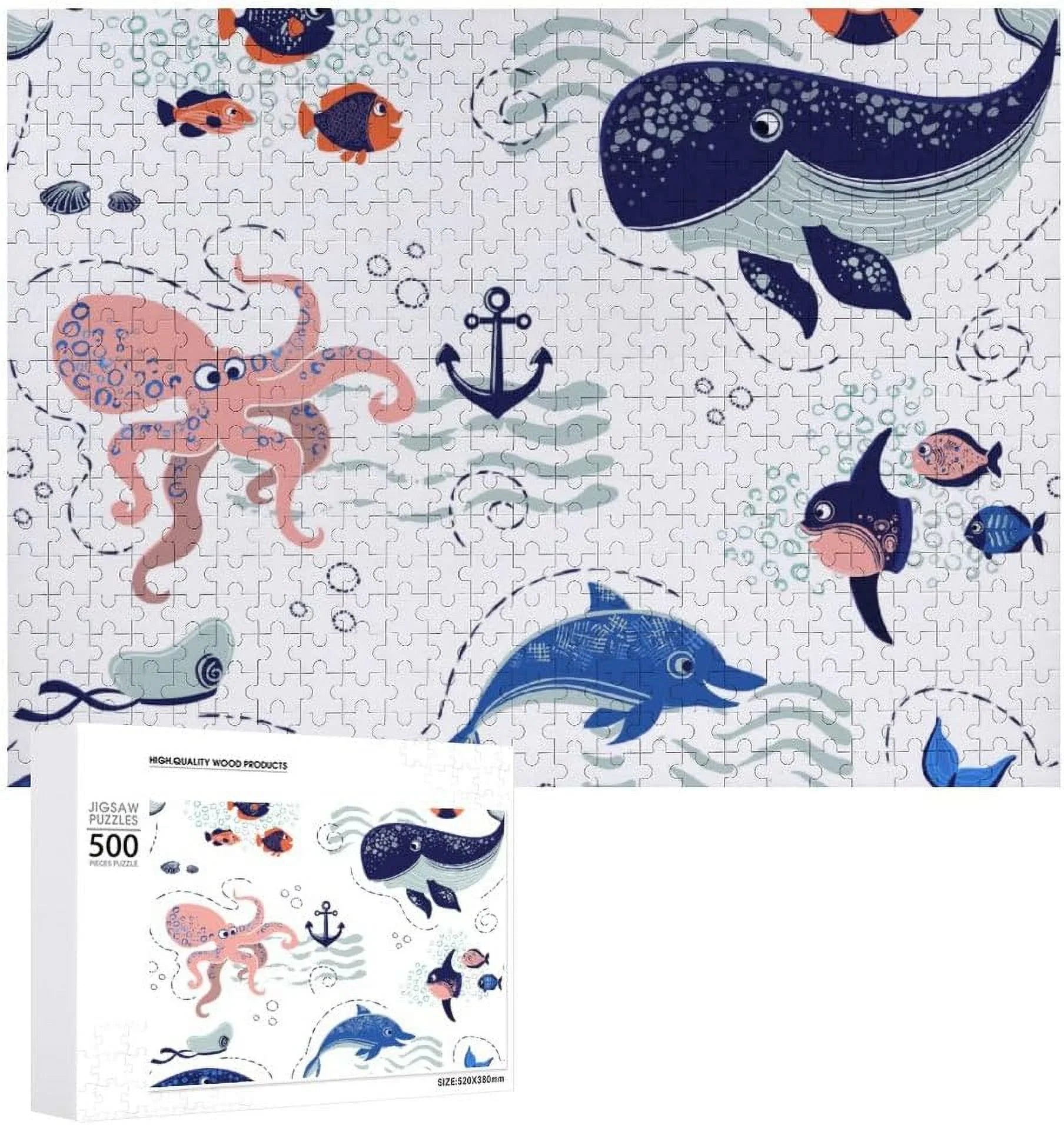 Wellsay 1000 Piece Jigsaw Puzzle for Kids Adults - Cute Sea Animals on The Waves Puzzle Game