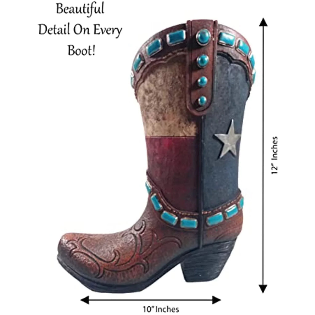 Urbalabs Western Teal Stone Texas Brown Cowboy Boot Vase Large 12 Inch Brown Teal Cowboy Boot Flower Vase Decorative Cowboy Boots Vases Home Office Rustic Decor Country Living Wedding Centerpiece