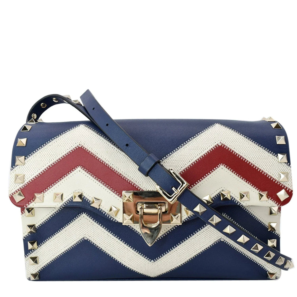 Pre-owned VALENTINO Garavani Rockstud Chevron Print Leather Crossbody Bag Multicolor