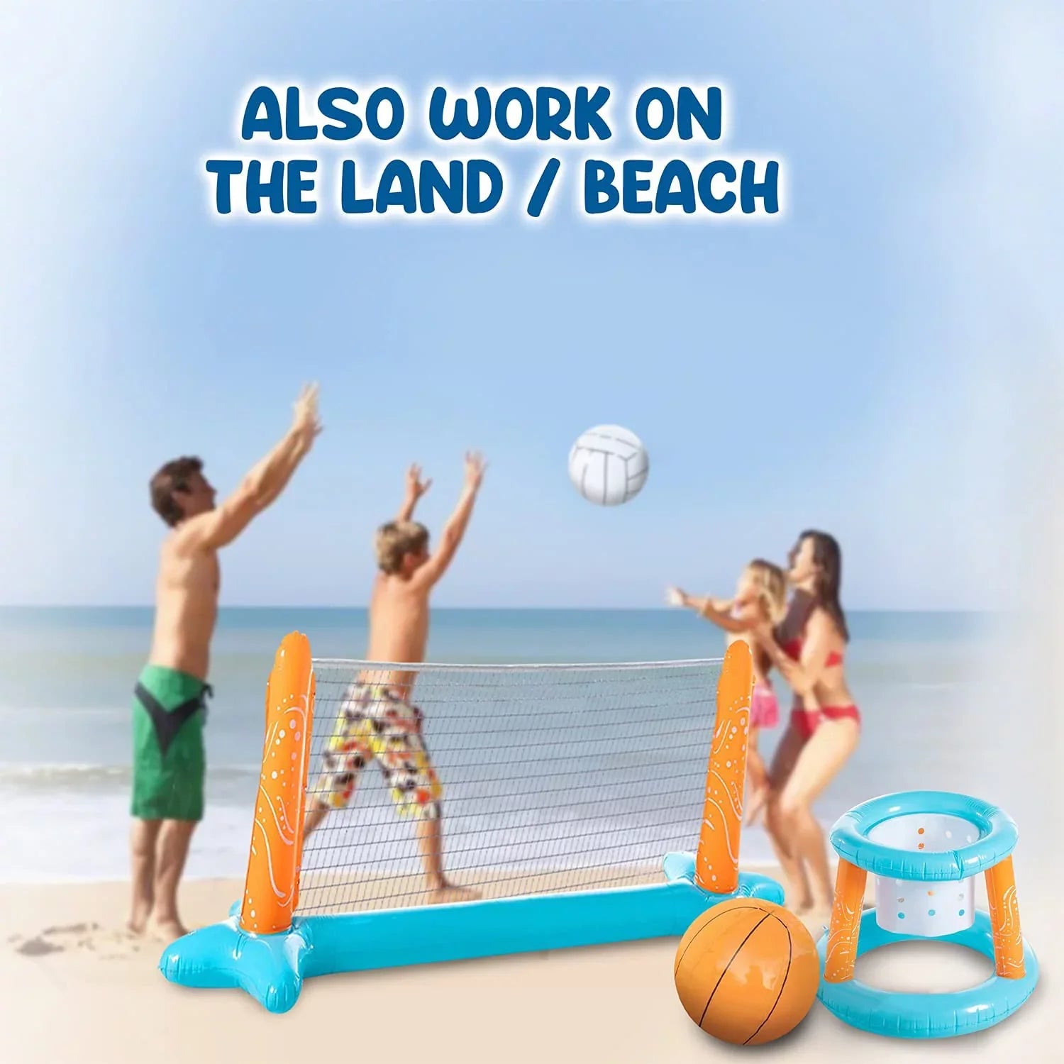 Marigold Inflatable Basketball & Volleyball Net with 2 Ball, Basketball Hoops Swimming Pool Game for Kids, Volleyball Court Adults, Outdoor Family Fun | Light Blue