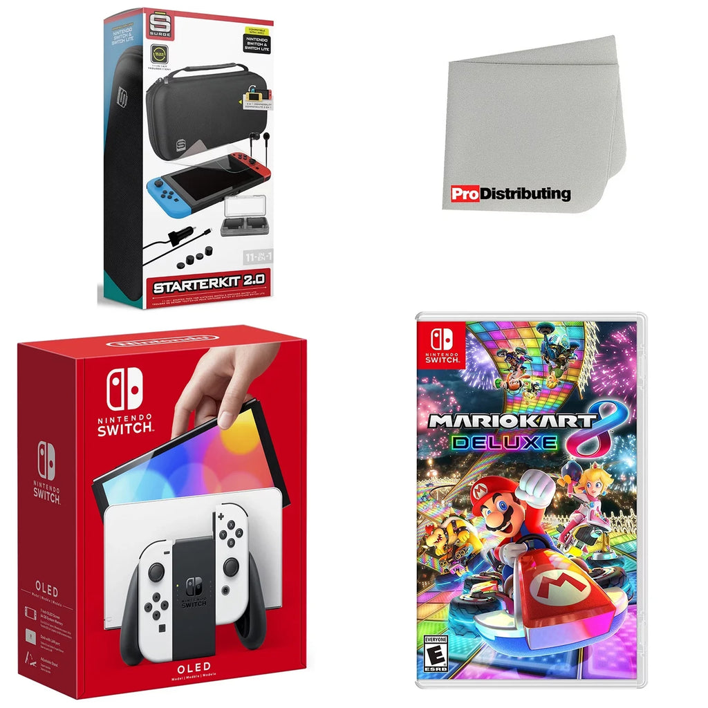 Nintendo Switch OLED Console White with Mario Kart 8 Deluxe, Accessory Starter Kit and Display Cleaning Cloth Bundle