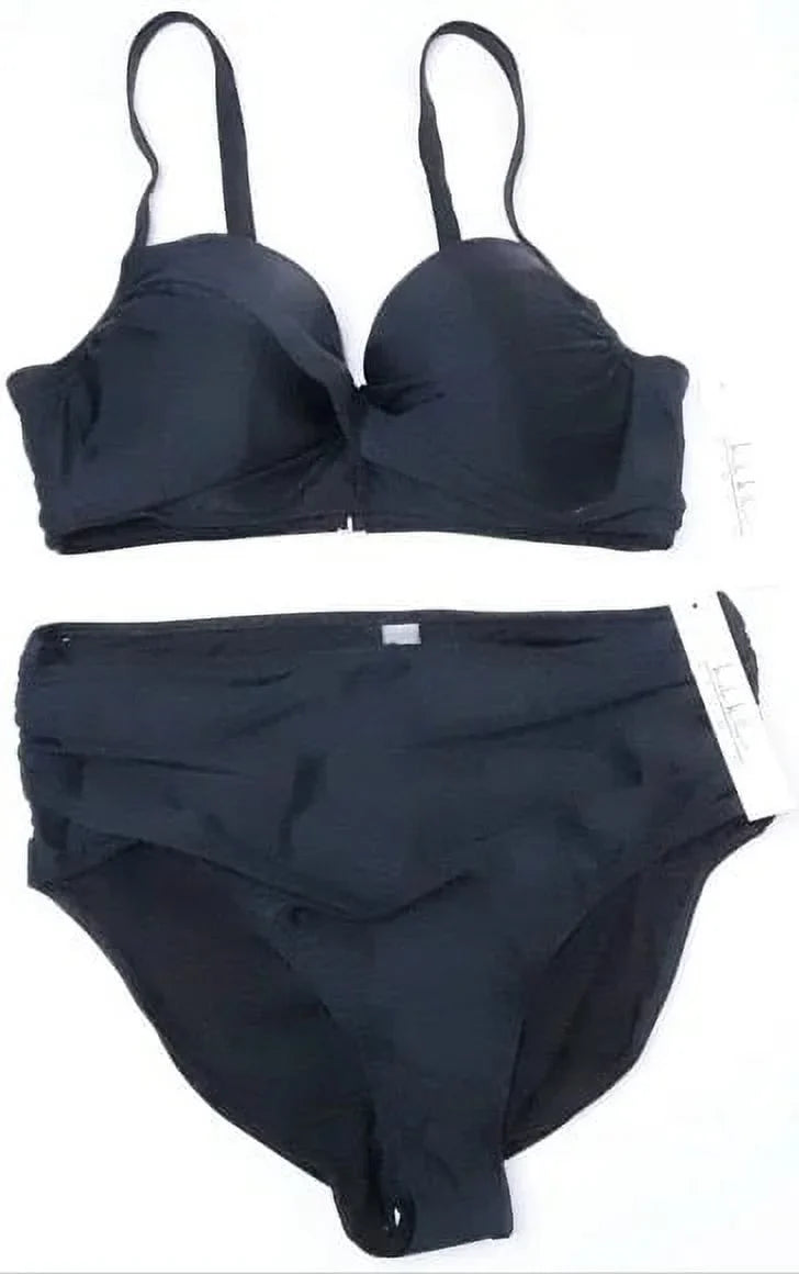 Nicole Miller BLACK Twist Front Bikini Top + Hi Waist Shirred Bottom 2Pc XL