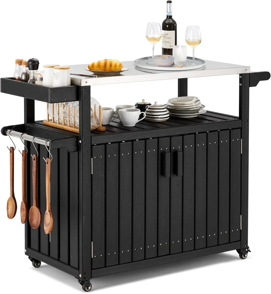 Kitchen Cart, HDPE Kitchen Island With Stainless Steel Top And Storage Cabinet, Rolling Island Table With Hooks, Spice Rack, Towel Rack, Black