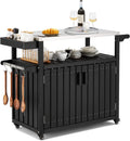 Kitchen Cart, HDPE Kitchen Island With Stainless Steel Top And Storage Cabinet, Rolling Island Table With Hooks, Spice Rack, Towel Rack, Black
