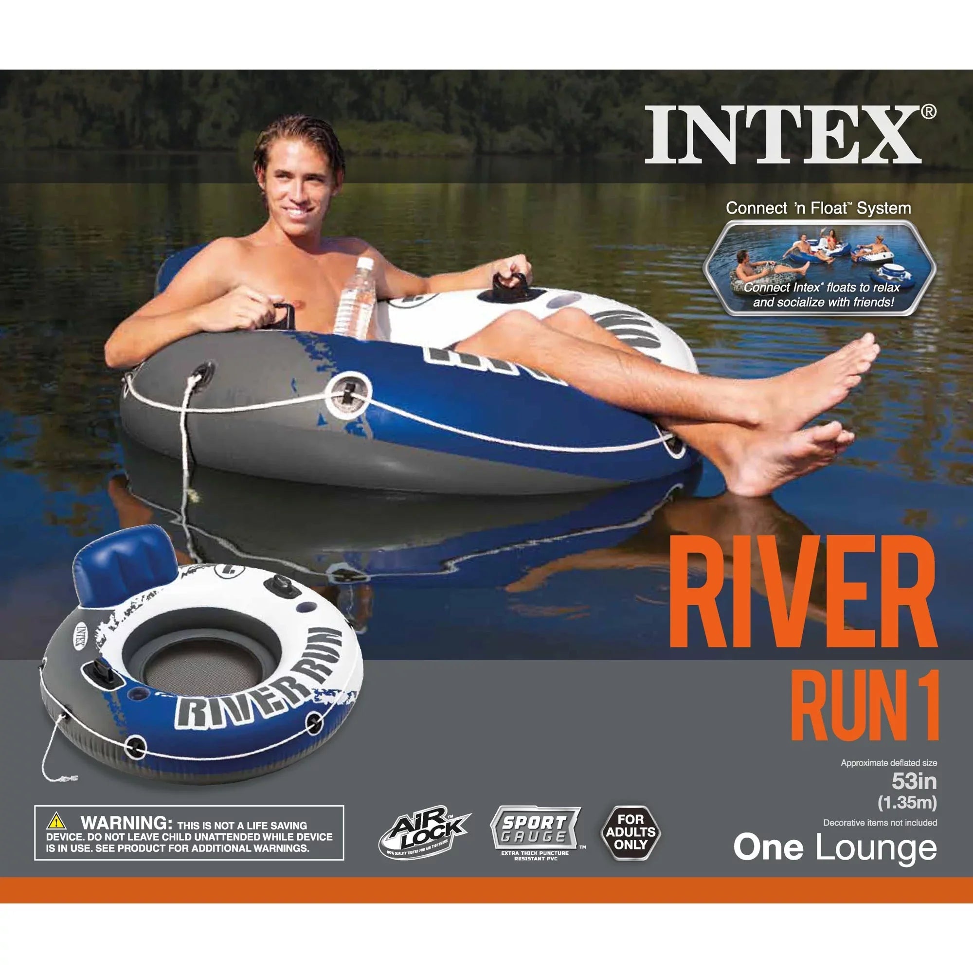 Intex 4 Pack of River Run 1 Person Floating Tubes and Single 12V Air Pump