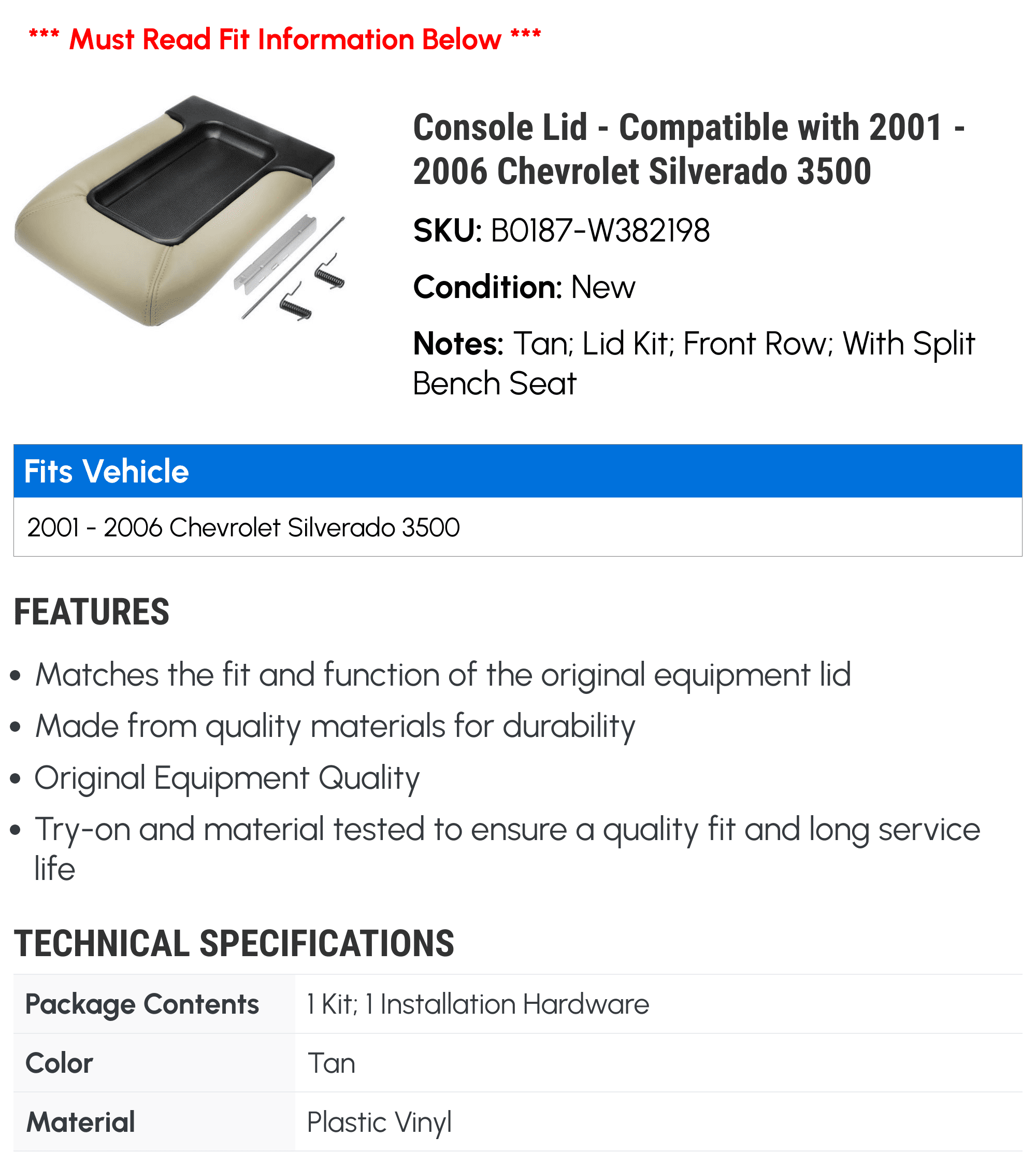 Console Lid - Compatible with 2001 - 2006 Chevy Silverado 3500 2002 2003 2004 2005