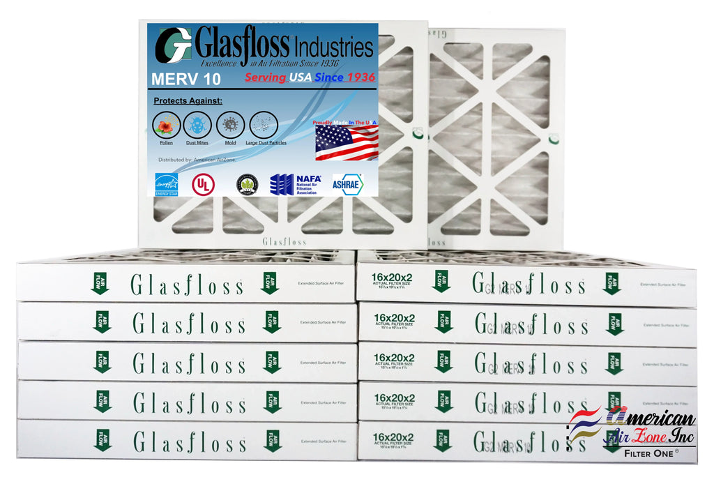 Glasfloss Air Filter 16x20x2 - 2" MERV 10 - (Pack of 12) - Pleated AC or HVAC Air Filter - Furnace Air Filter - Home or Office - Made In The USA.