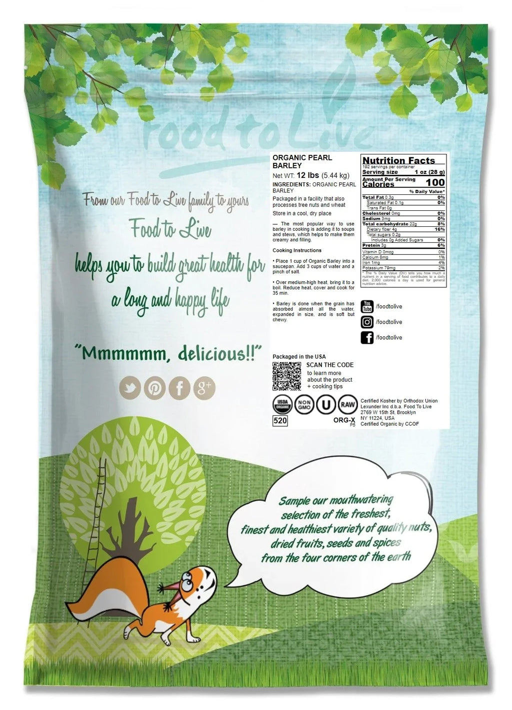 Organic Pearl Barley, 12 Pounds — Non-GMO, Kosher, Raw, Vegan — by Food to Live