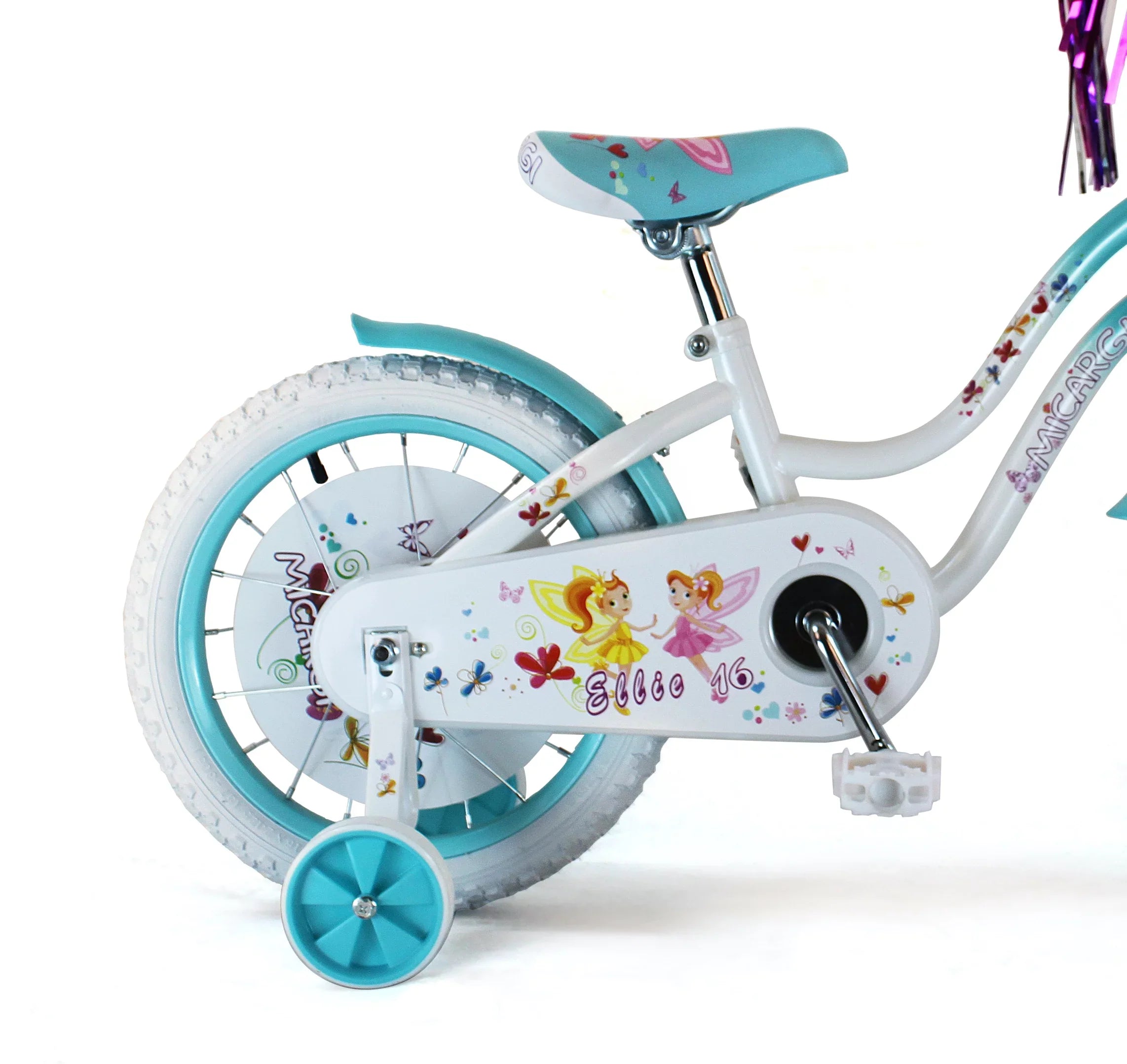 USToyOutlet 16" Cruiser Steel Frame Bicycle Coaster Brake One Piece Crank, White Full cover Chain Guard, Baby Blue Basket, Fenders & Rims, White Tire Kid's Bike - White/Baby Blue