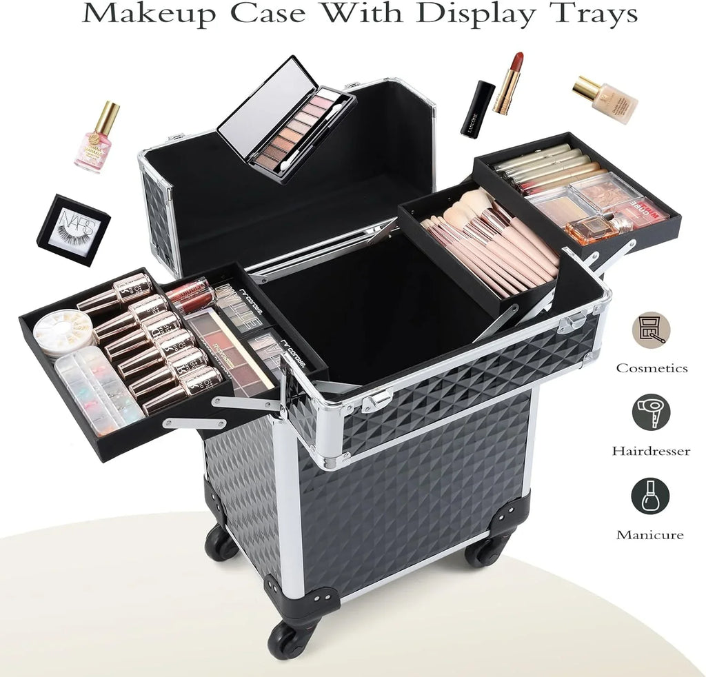 Joligrace Rolling Makeup Case Large Makeup Box Organizer Cosmetic Trolley