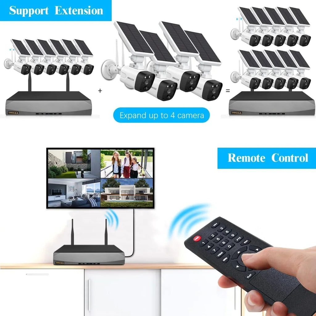 {100% Wireless Solar Security Camera System}, 6pcs 2K 3.0MP solar cameras with 8-channel NVR, Wire-free Home Surveillance system, 2TB Hard Drive pre-installed by OOSSXX